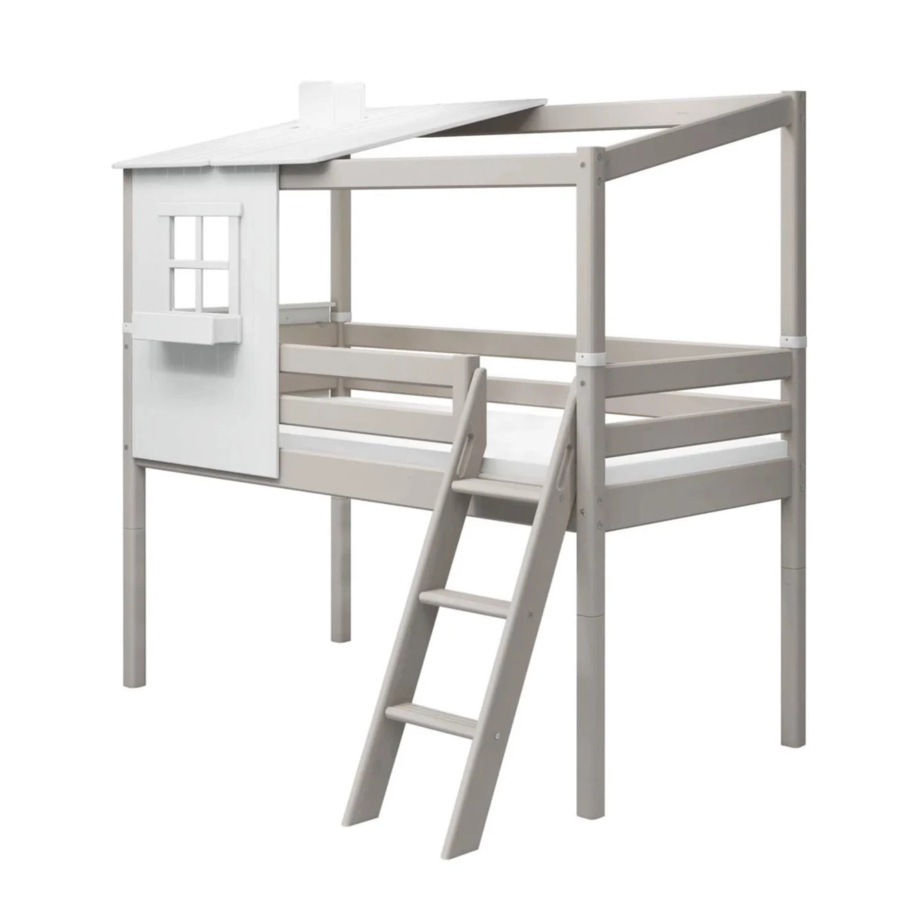 Cama classic medio alta con 1/2 Casita, ventana, caja y chimenea, escalera inclnada