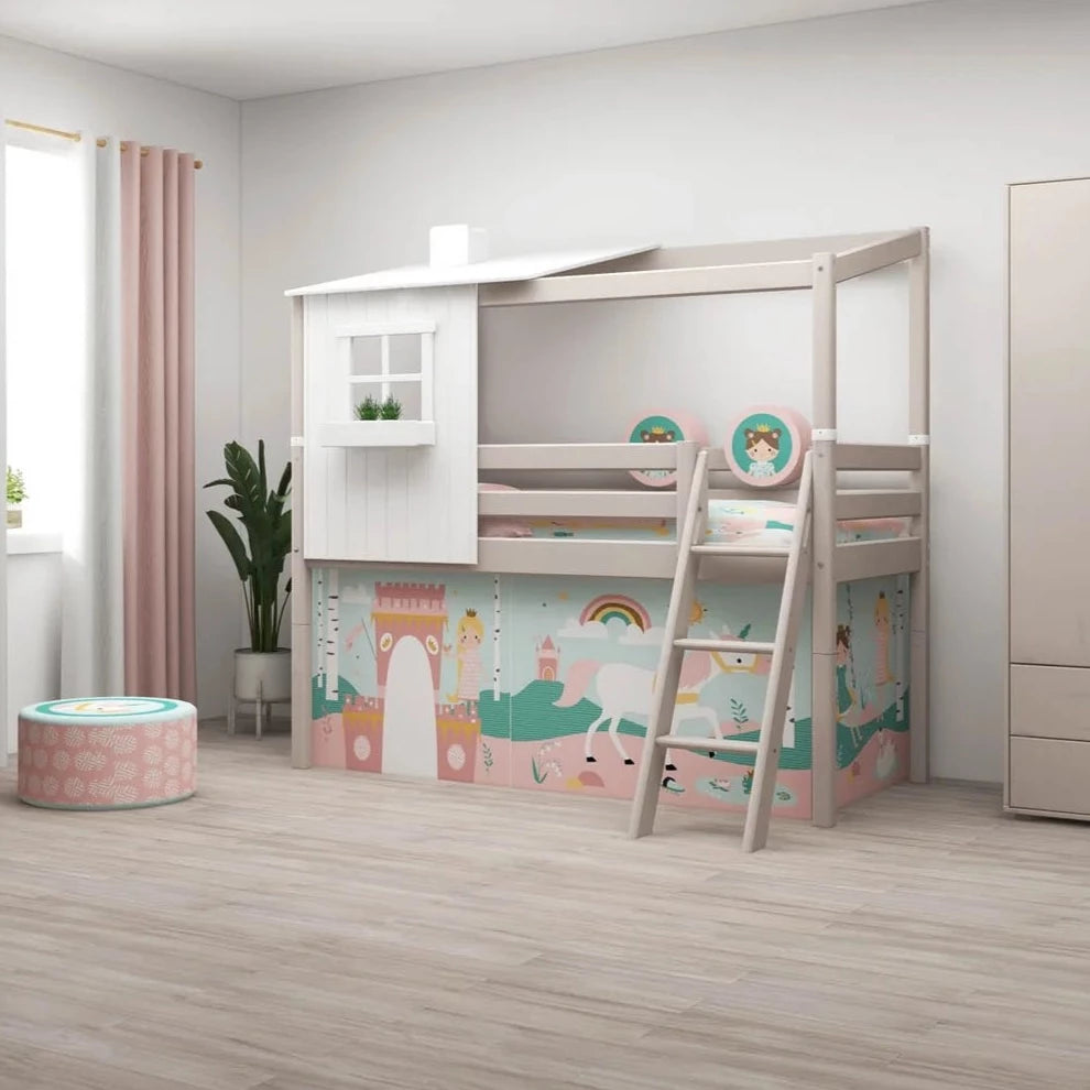 Cama classic medio alta con 1/2 Casita, ventana, caja y chimenea, escalera inclnada