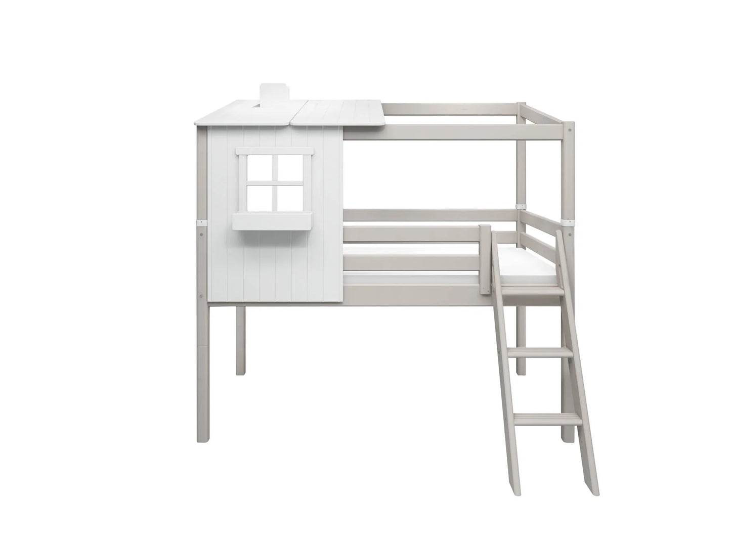 Cama classic medio alta con 1/2 Casita, ventana, caja y chimenea, escalera inclnada