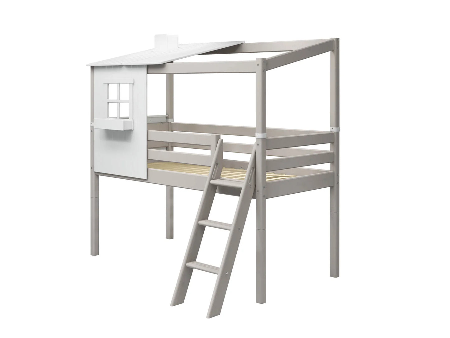 Cama classic medio alta con 1/2 Casita, ventana, caja y chimenea, escalera inclnada