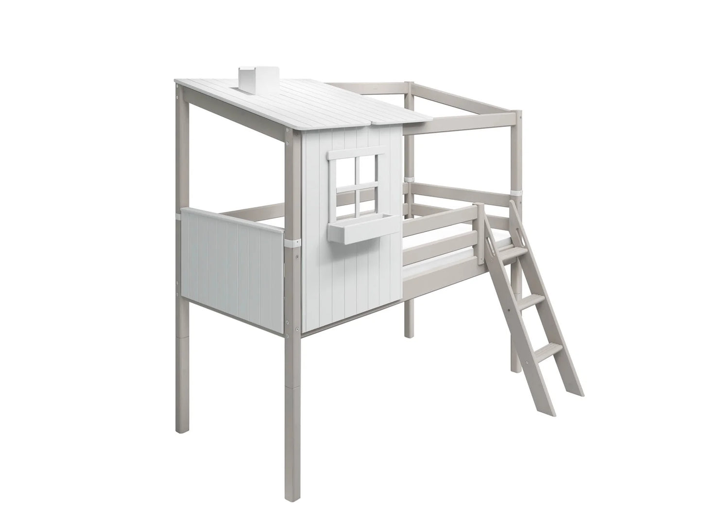 Cama classic medio alta con 1/2 Casita, ventana, caja y chimenea, escalera inclnada