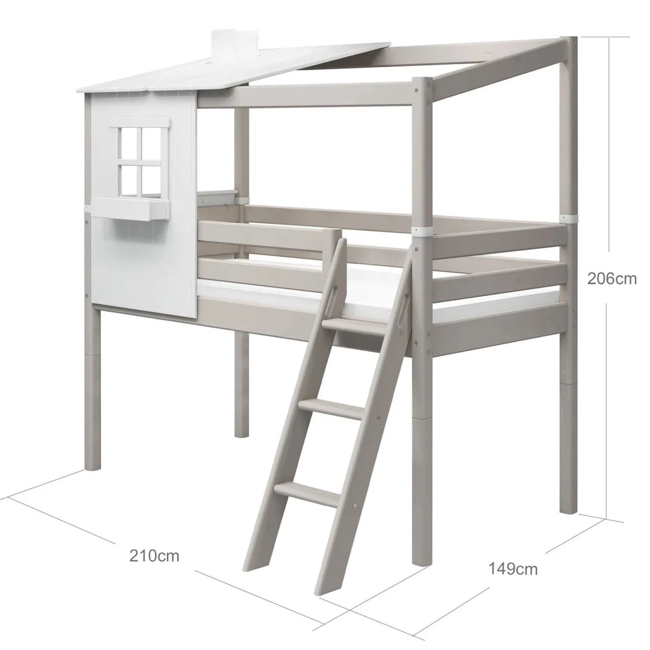 Cama classic medio alta con 1/2 Casita, ventana, caja y chimenea, escalera inclnada