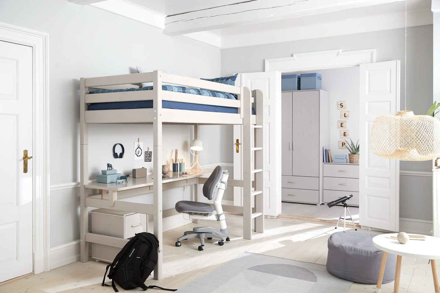 Cama Alta Flexa Classic Con Escritorio Largo Y Escalera Recta