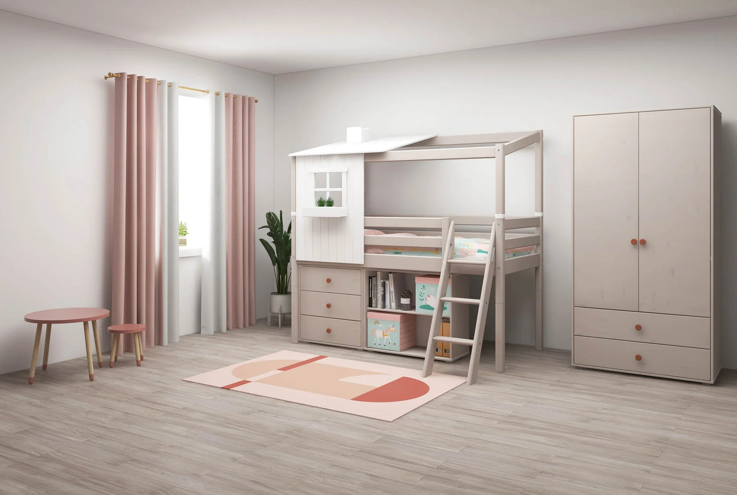 Cama classic medio alta con 1/2 Casita, ventana, caja y chimenea, escalera inclnada