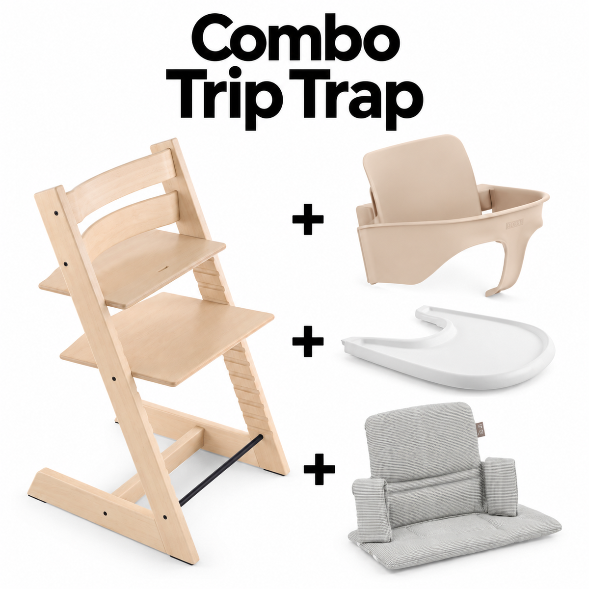 Combo Silla Stokke Tripp Trapp Natural + BabySet Natural V1 + Bandeja + Cojín