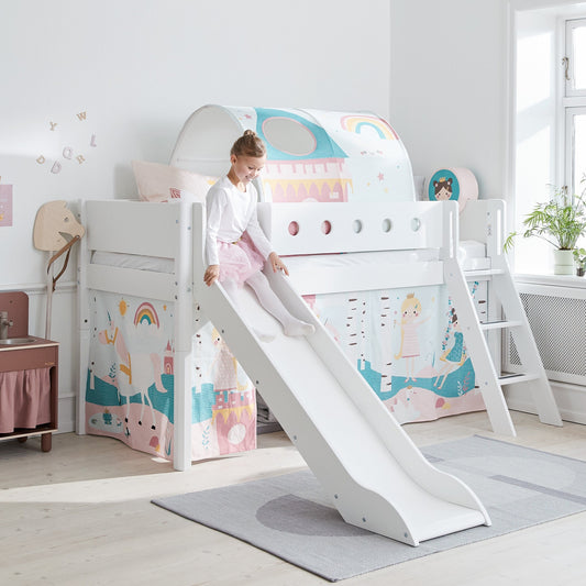 Cama media-alta con baranda Azul 1/2 , escalera inclinada y tobogan