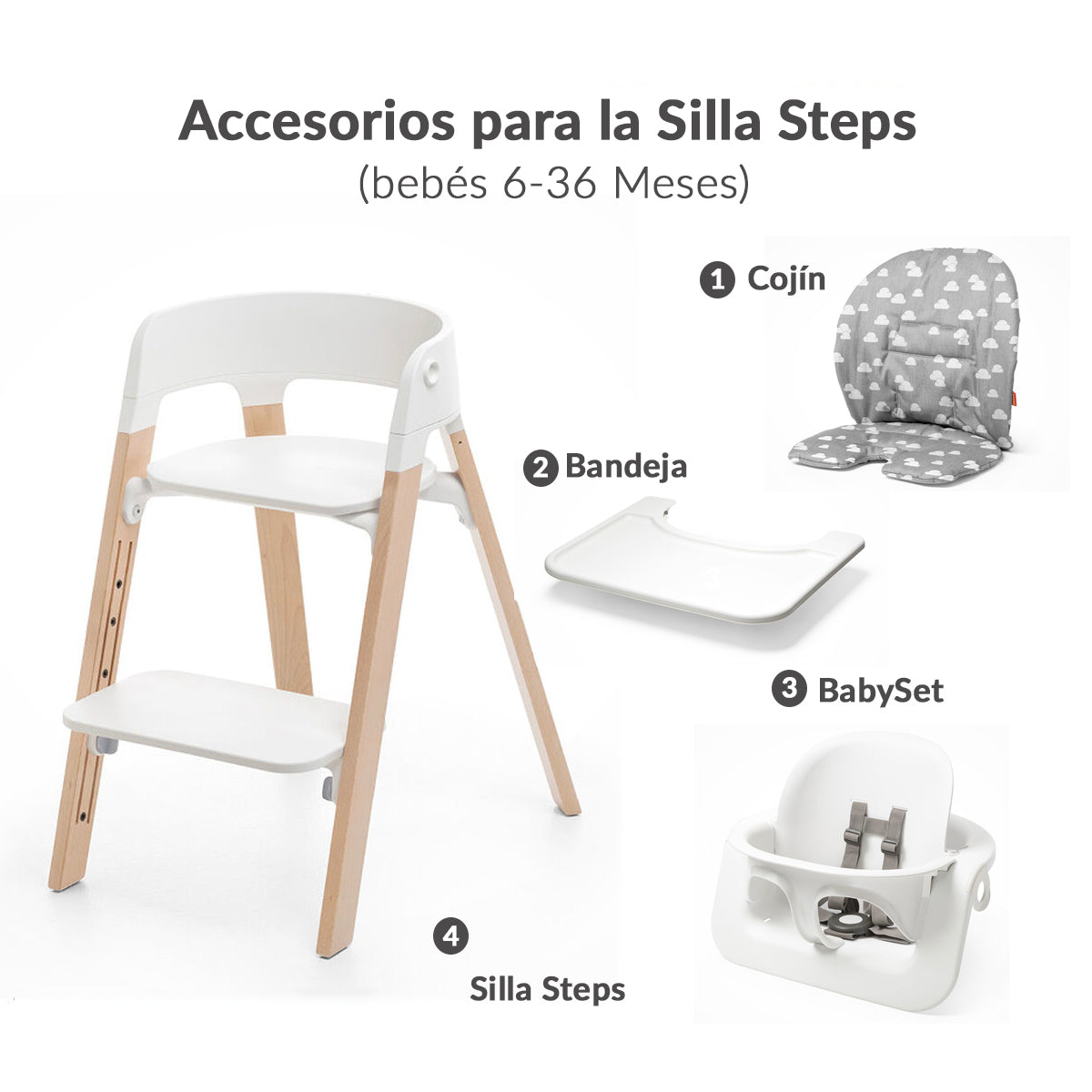 Silla Stokke®Steps™ Blanco Natural -  INCLUYE BABYSET + BANDEJA